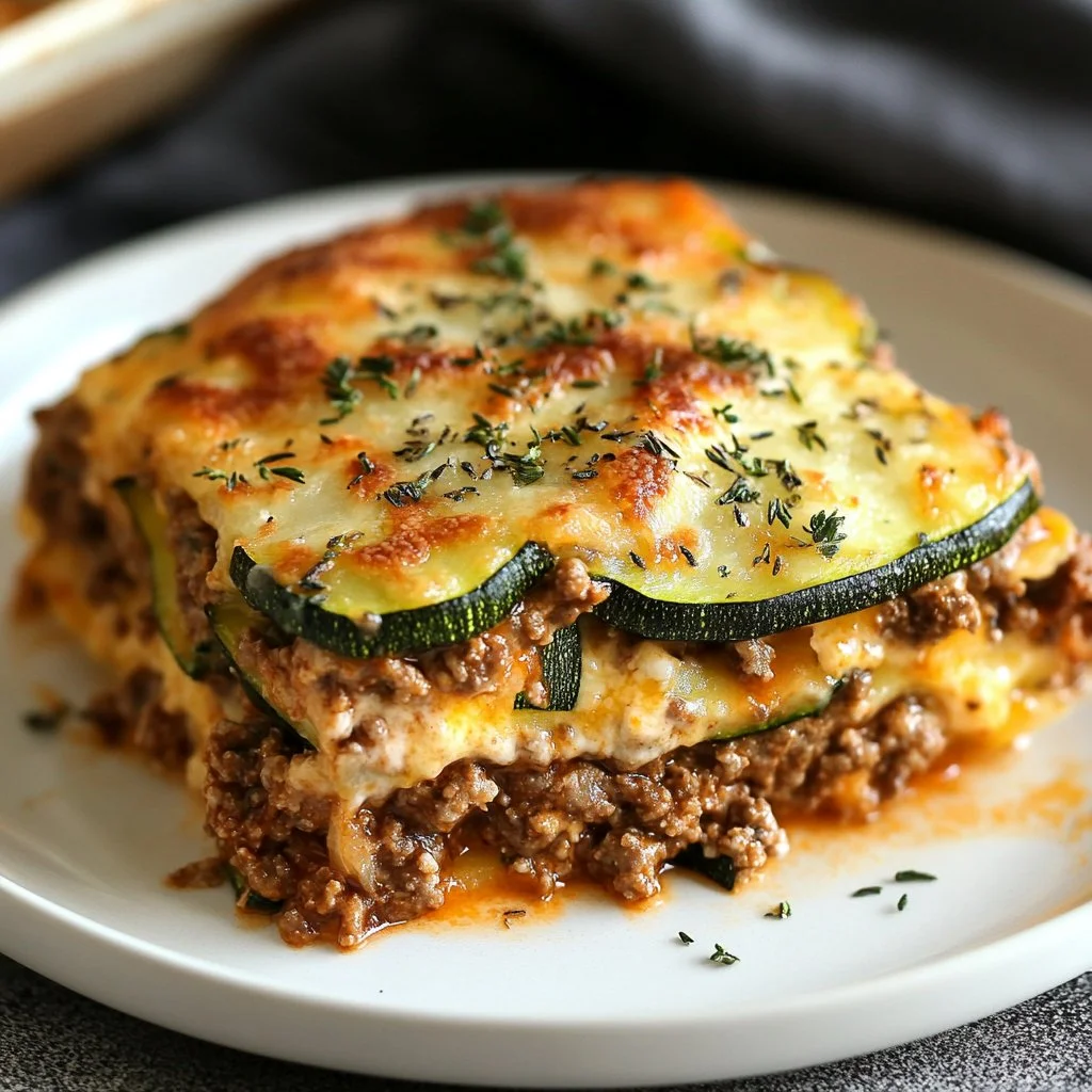 Ground beef zucchini casserole baked with cheese and herbs on a plate