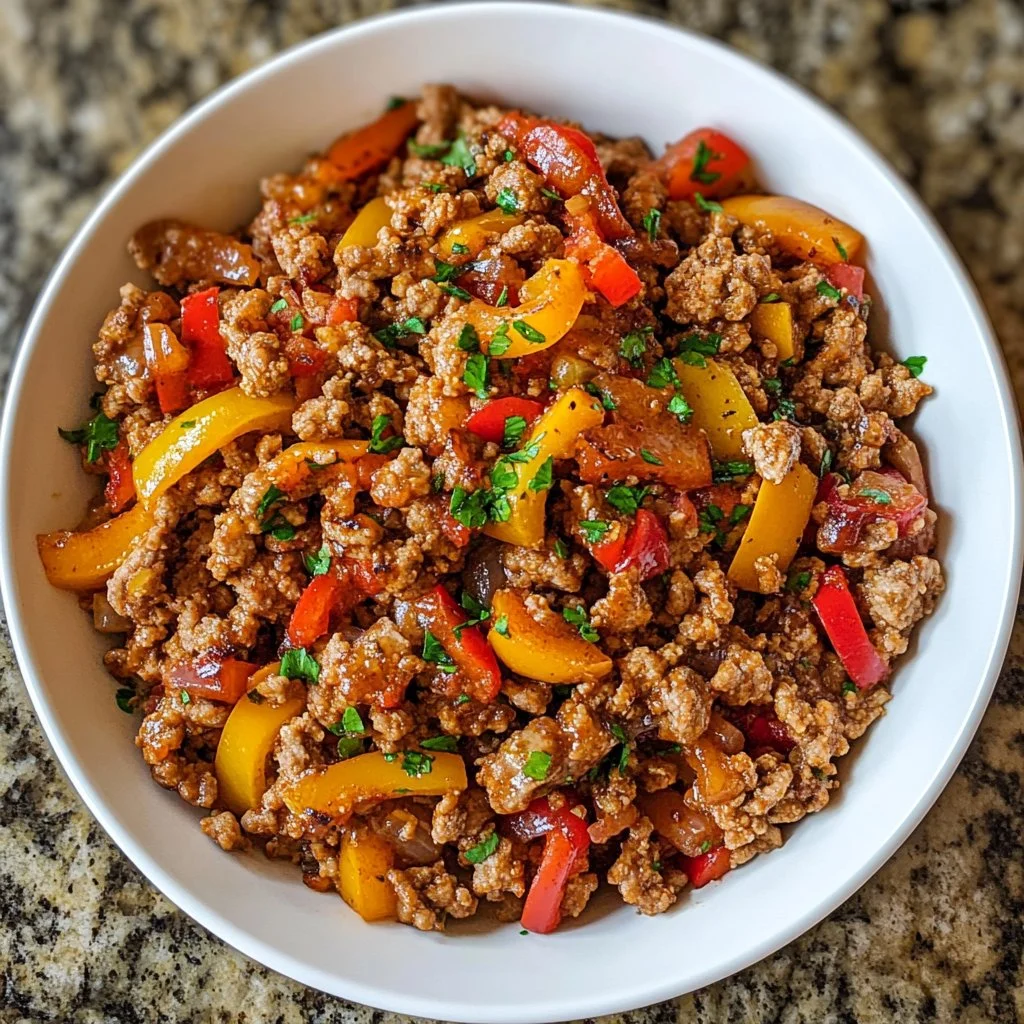 A colorful dish of ground turkey and peppers served on a plate