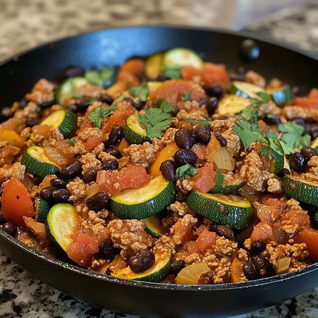 Ground turkey skillet with zucchini, black beans, and tomatoes in a pan