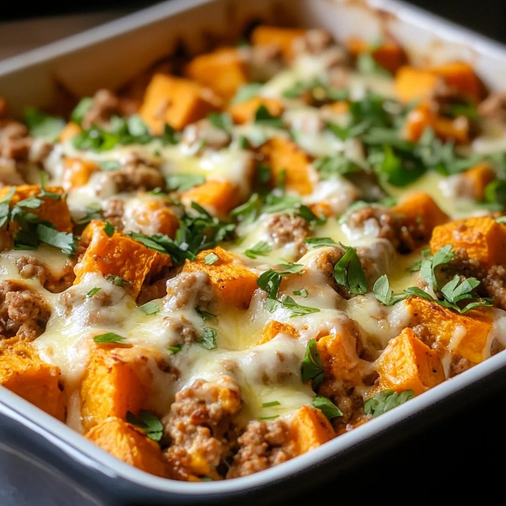Ground turkey sweet potato bake dish garnished and ready to serve.