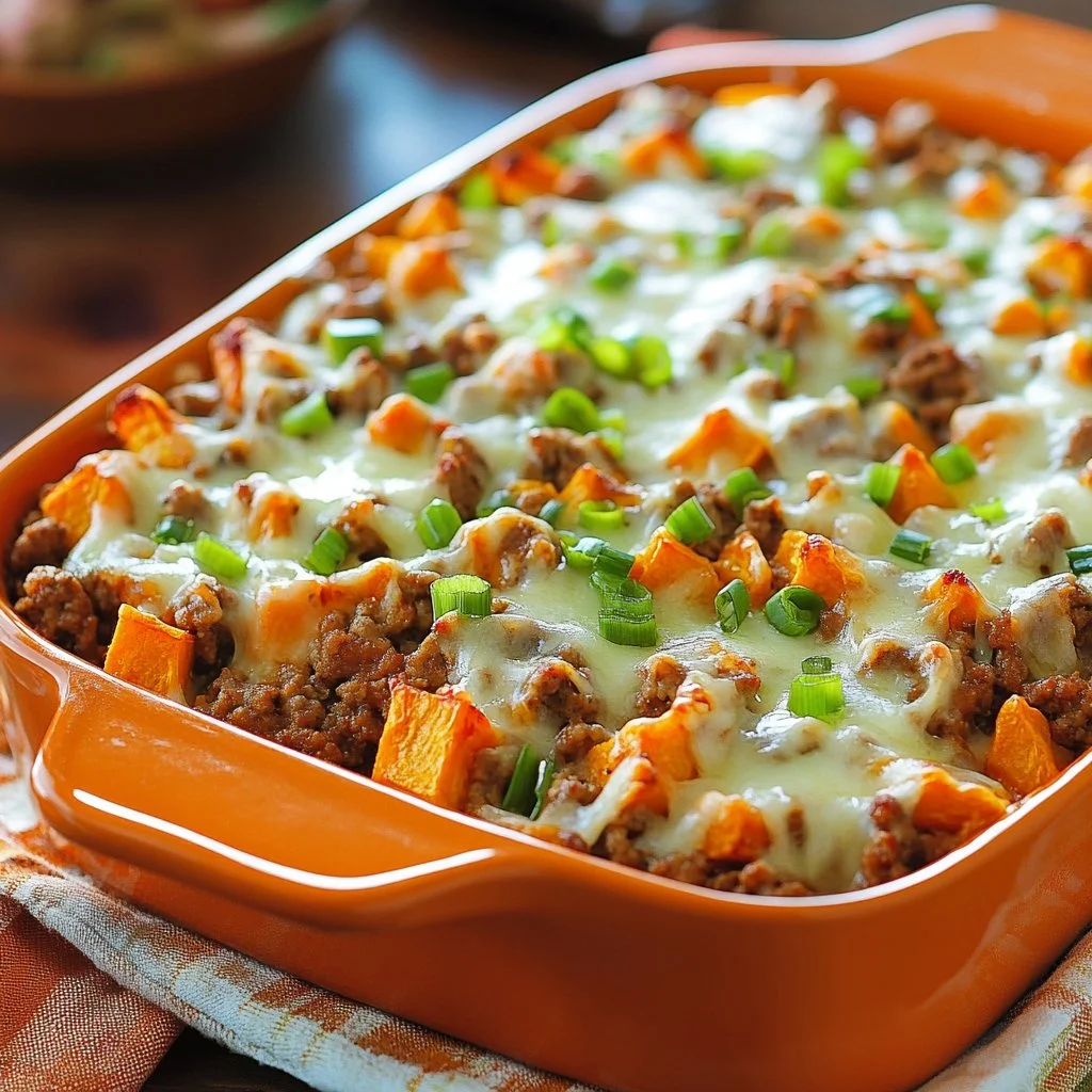 Delicious Ground Turkey Sweet Potato Bake topped with cheese and herbs