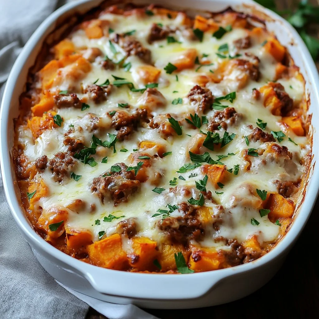 Ground Turkey Sweet Potato Casserole topped with crunchy pecans and herbs.