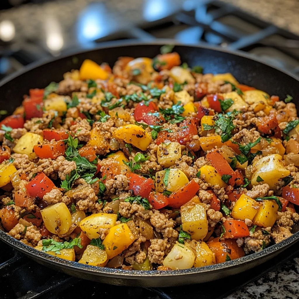 Ground Turkey Vegetable Skillet featuring diced turkey and colorful vegetables.