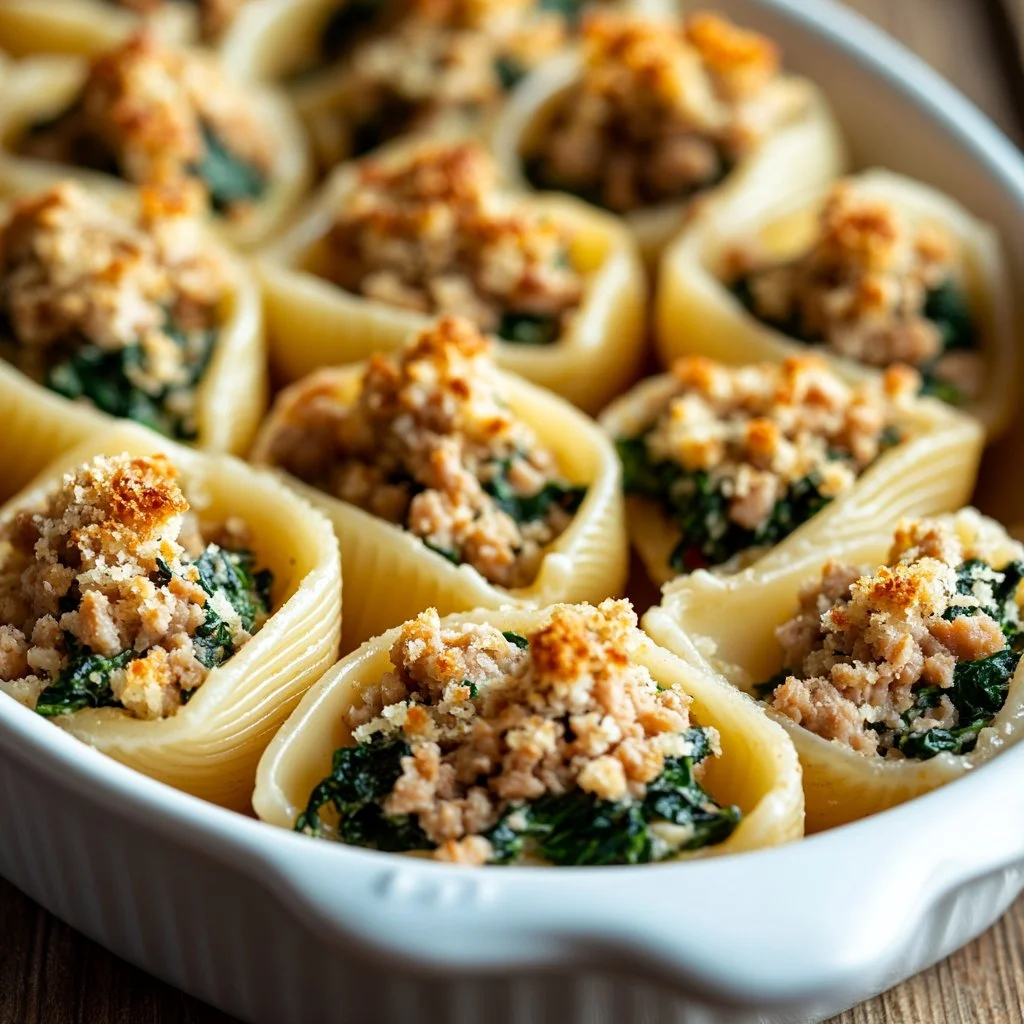 Healthy stuffed shells with ground turkey and spinach served on a plate