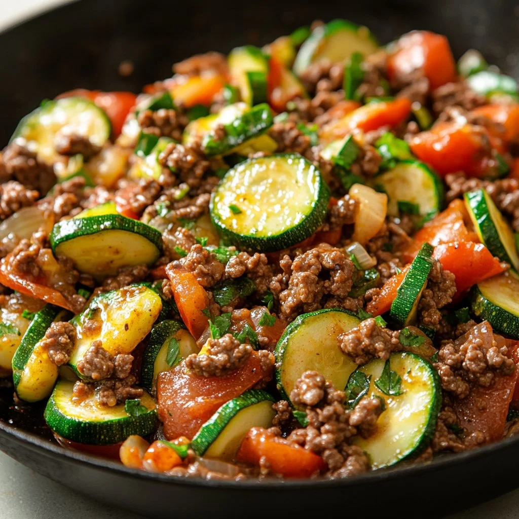 Healthy zucchini beef stir-fry with colorful vegetables in a bowl