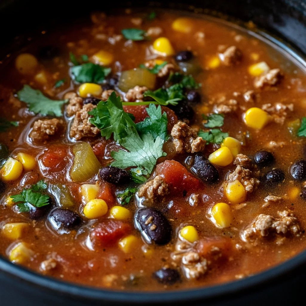 Bowl of high protein creamy taco soup garnished with cilantro and lime.