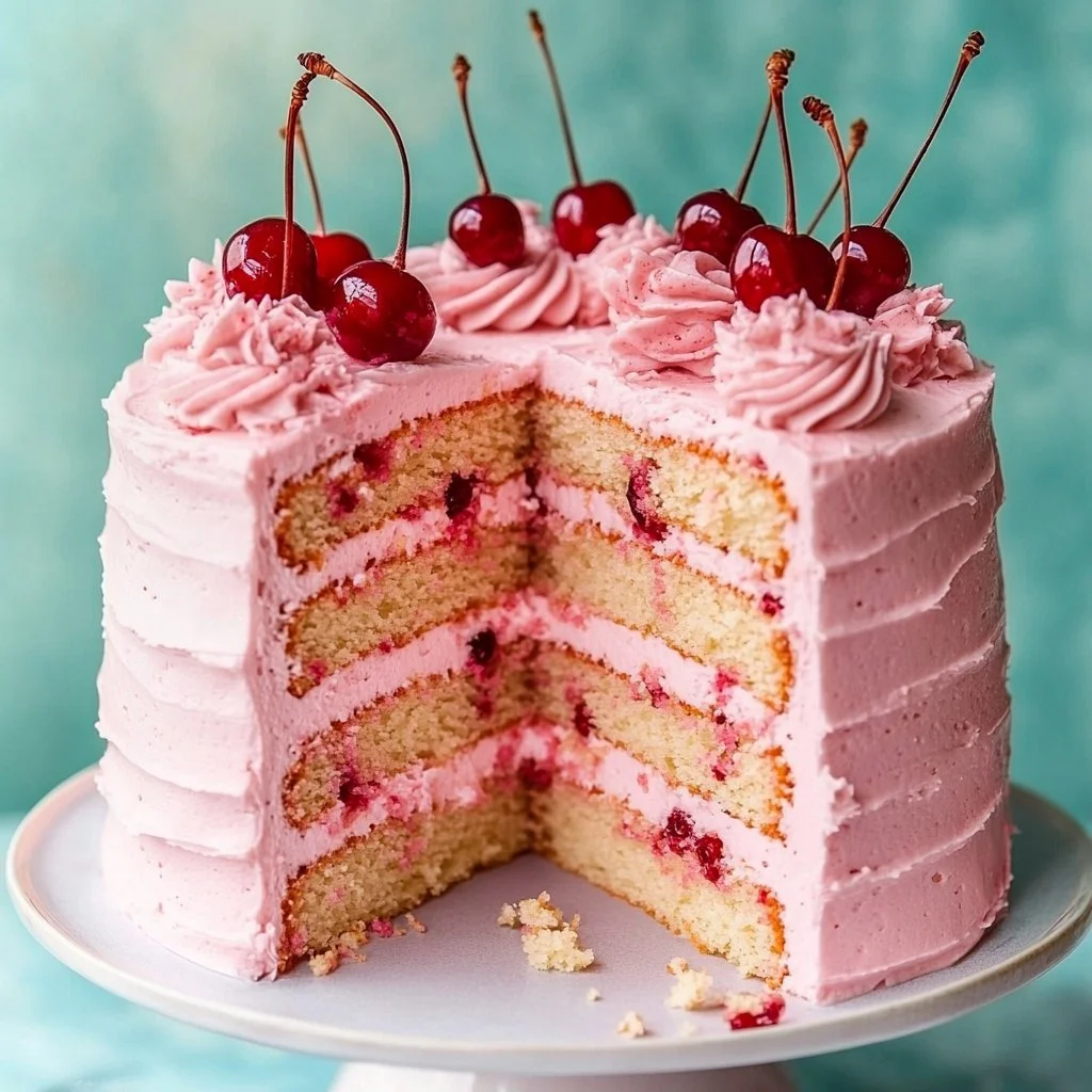 Homemade cherry chip cake with chocolate chips and cherries, freshly baked.
