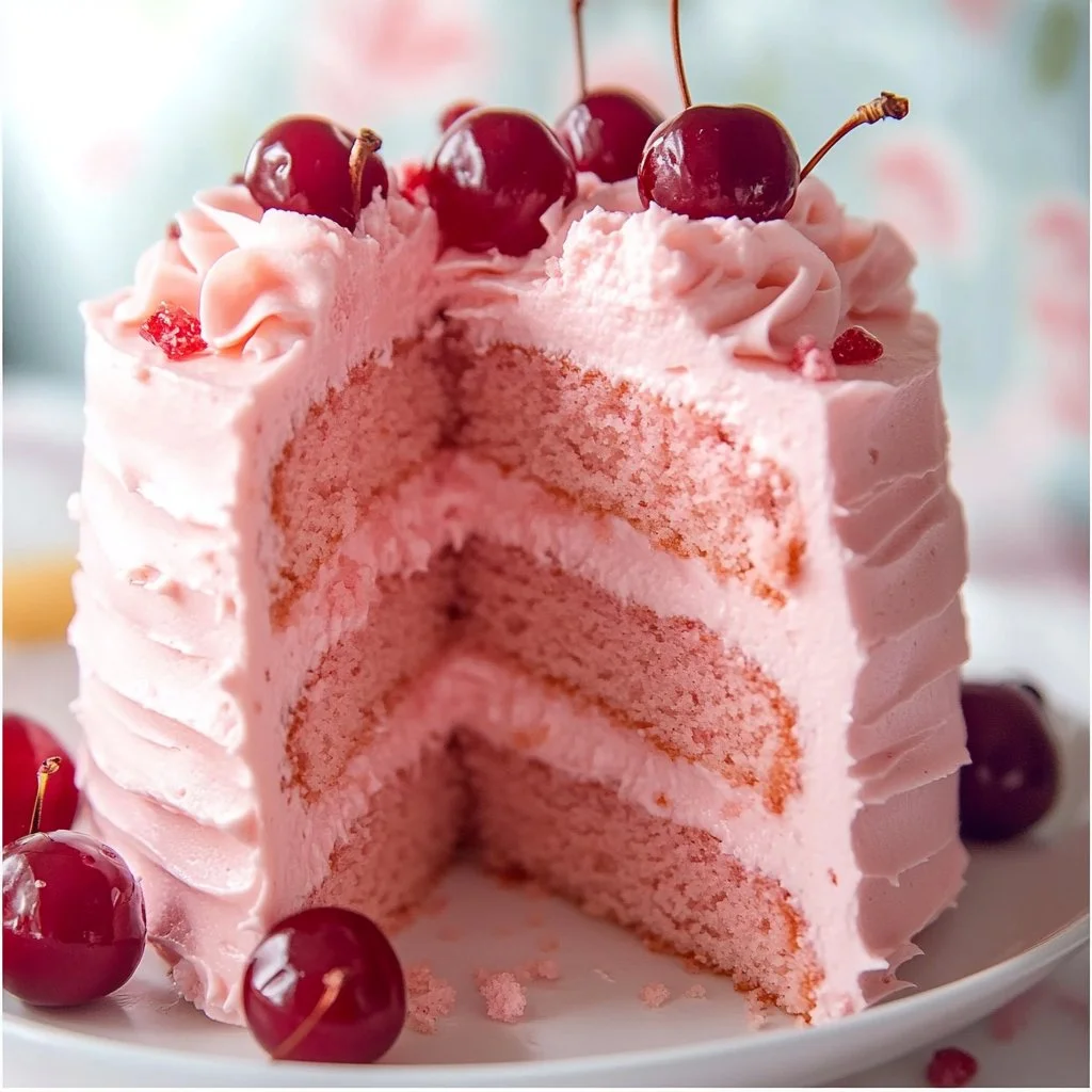 Homemade cherry chip cake topped with fresh cherries and chocolate chips
