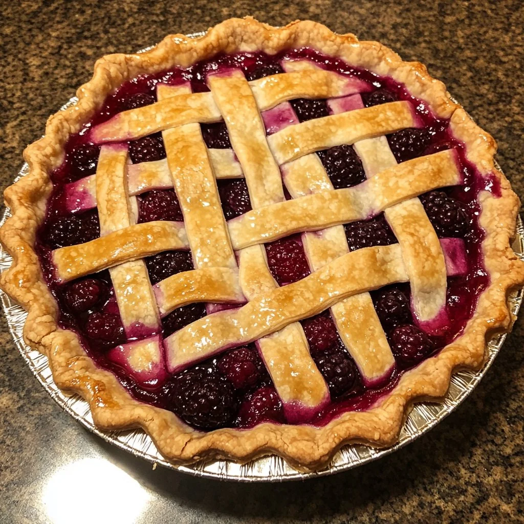 Homemade razzleberry pie with a flaky crust and berry filling