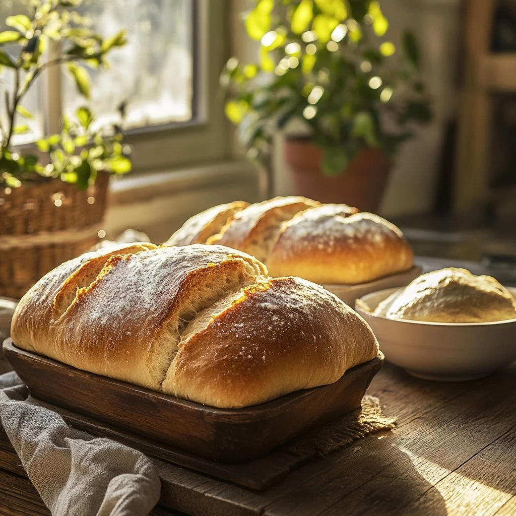 Freshly baked homemade sandwich bread on a wooden cutting board.