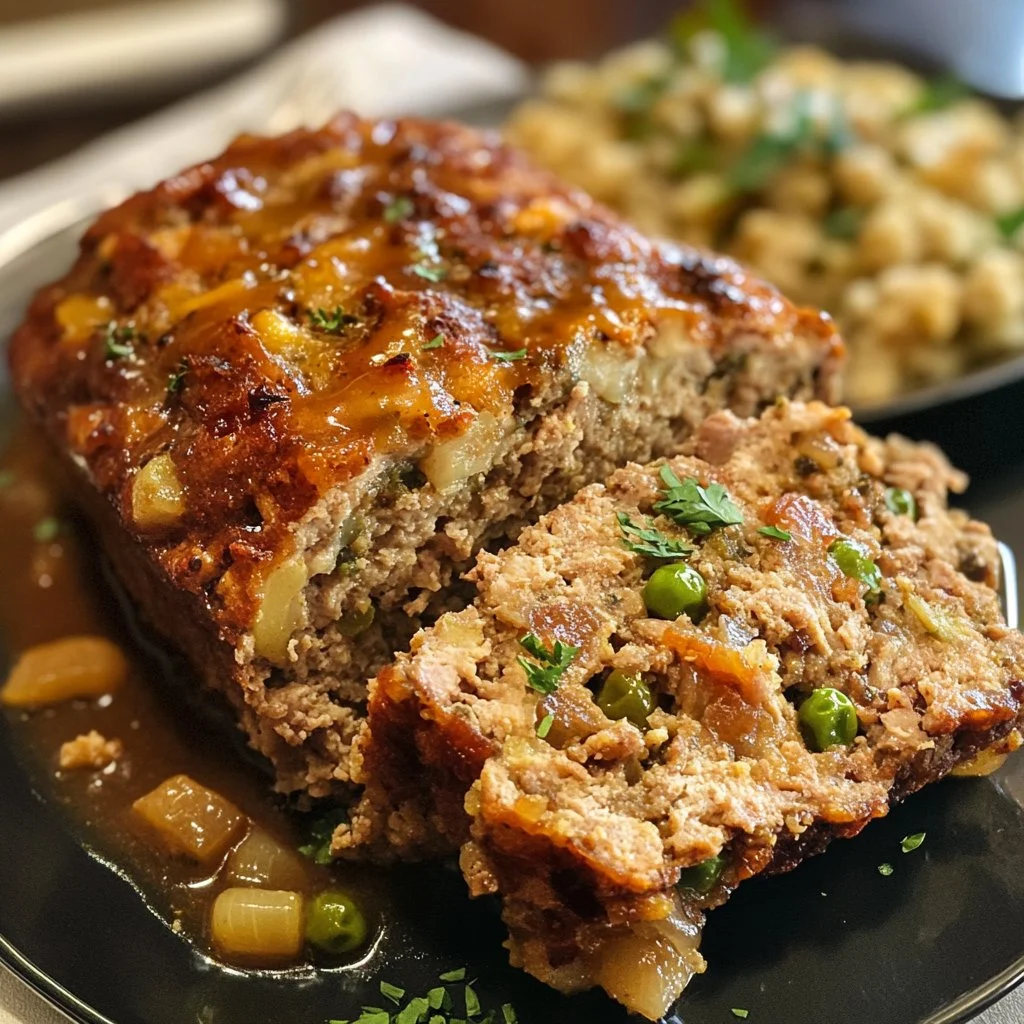 Homemade turkey stuffing meatloaf on a serving plate with garnishes