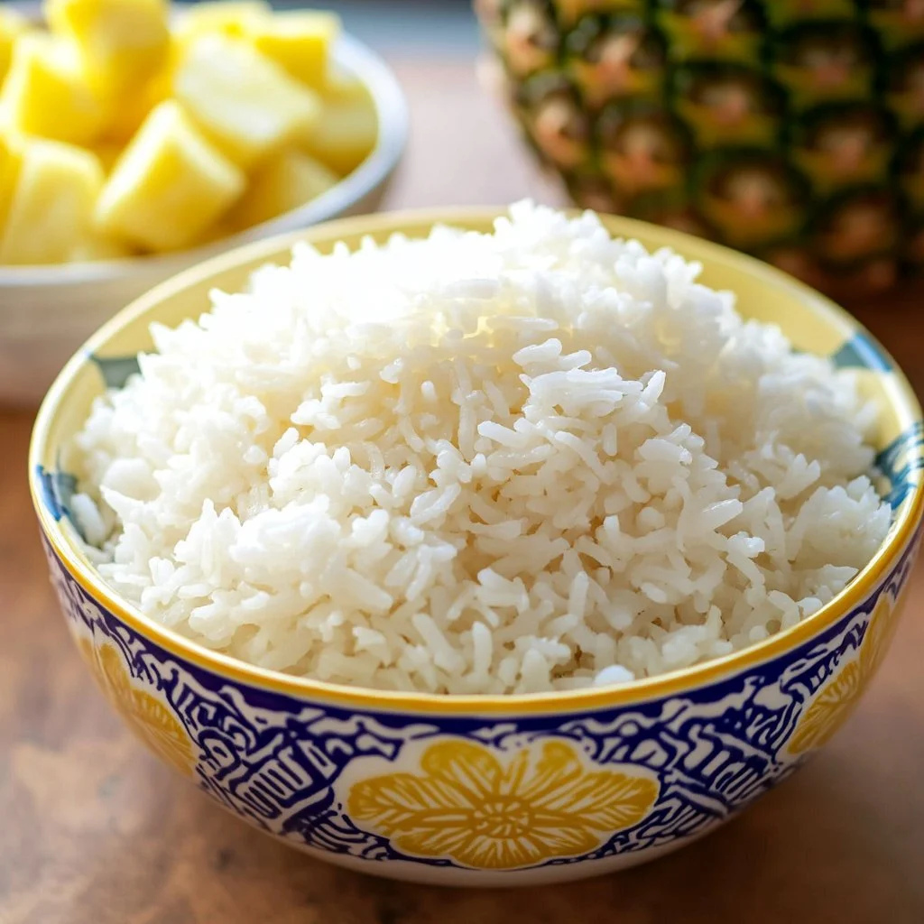 Instant Pot coconut rice served in a bowl with toppings