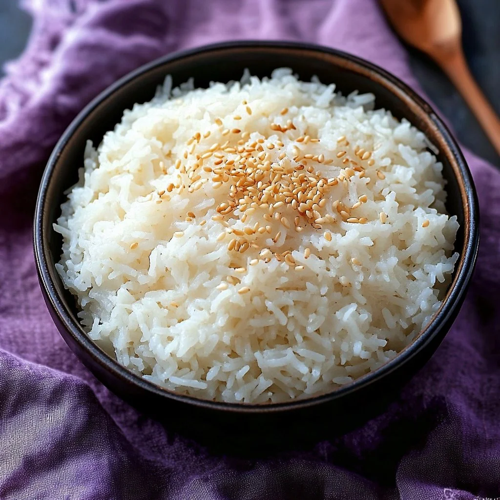 Instant Pot coconut rice served in a bowl with a garnish of fresh coconut