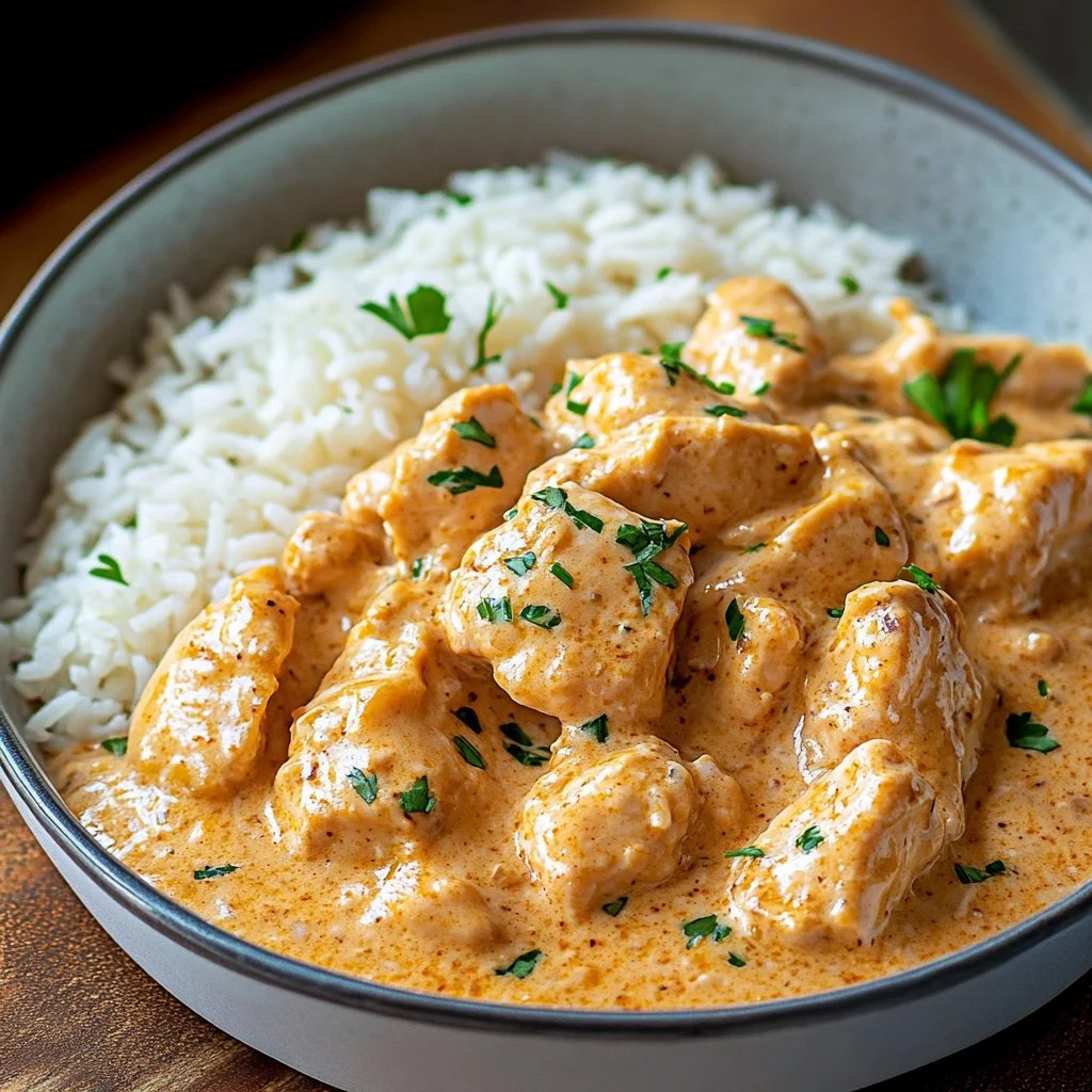 Delicious Instant Pot creamy chicken and rice dish ready to serve