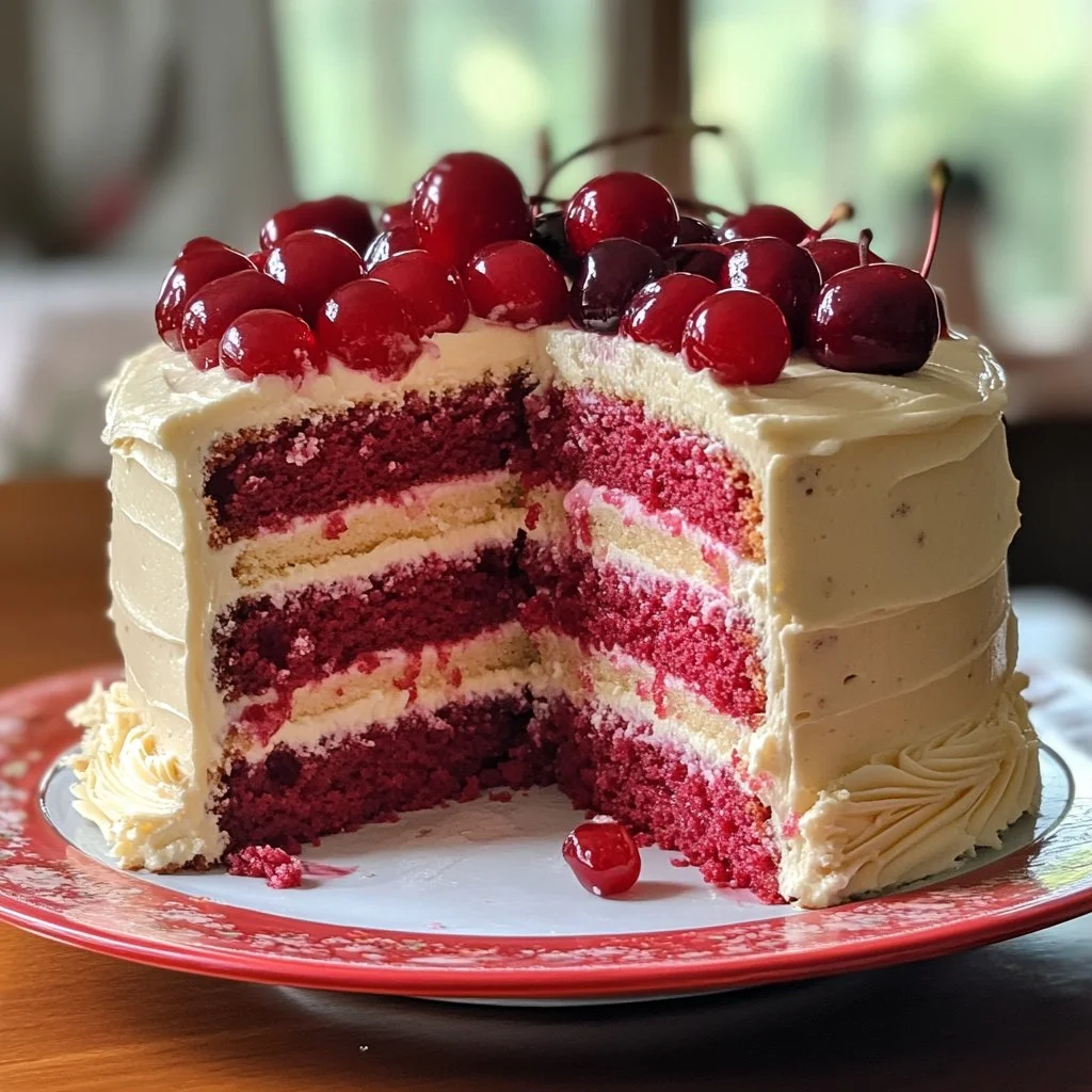 Delicious homemade cherry cake topped with fresh cherries and whipped cream