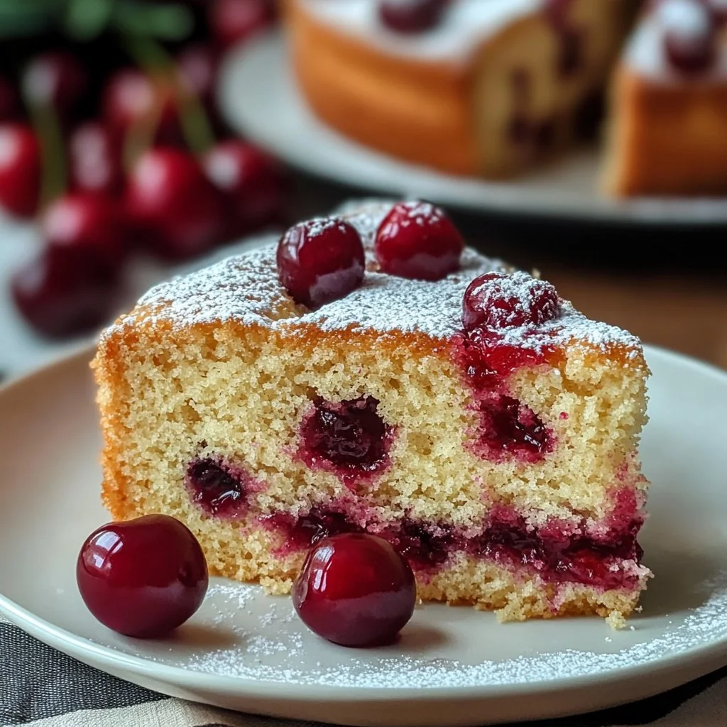 Irresistible cherry cake made with fresh cherries and topped with whipped cream