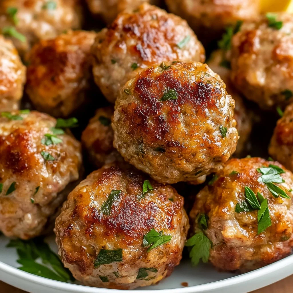 Juicy baked turkey meatballs served on a plate with garnishes