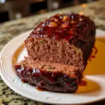 Juicy Carnivore Meatloaf served with vegetables and gravy on a plate.