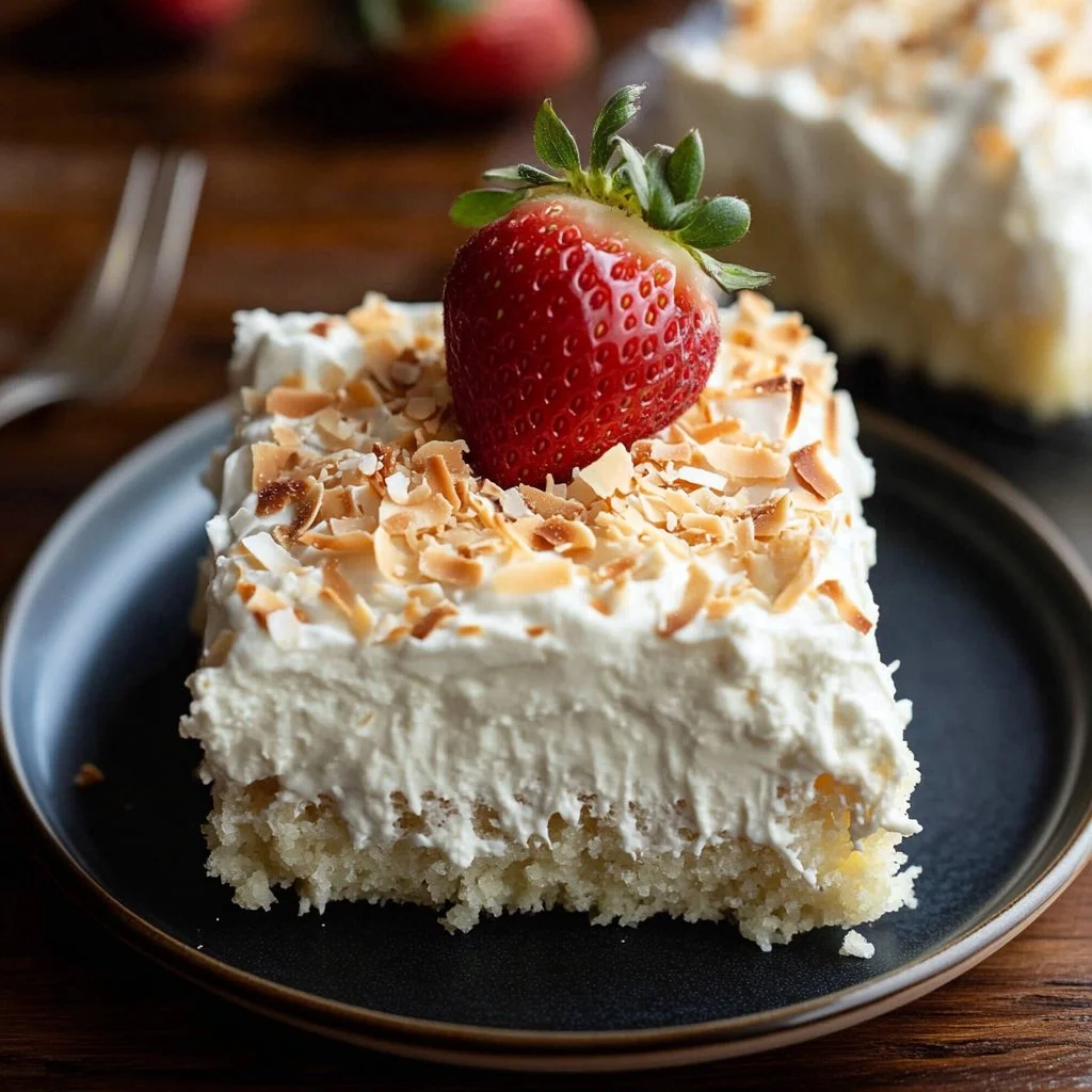 Delicious Keto Poke Cake topped with creamy frosting and berries