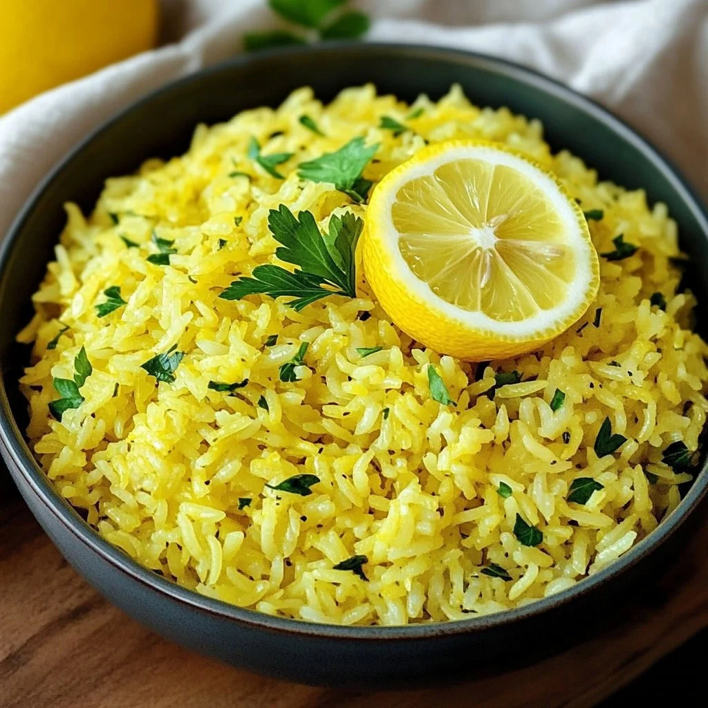 Delicious lemon rice garnished with herbs on a white plate