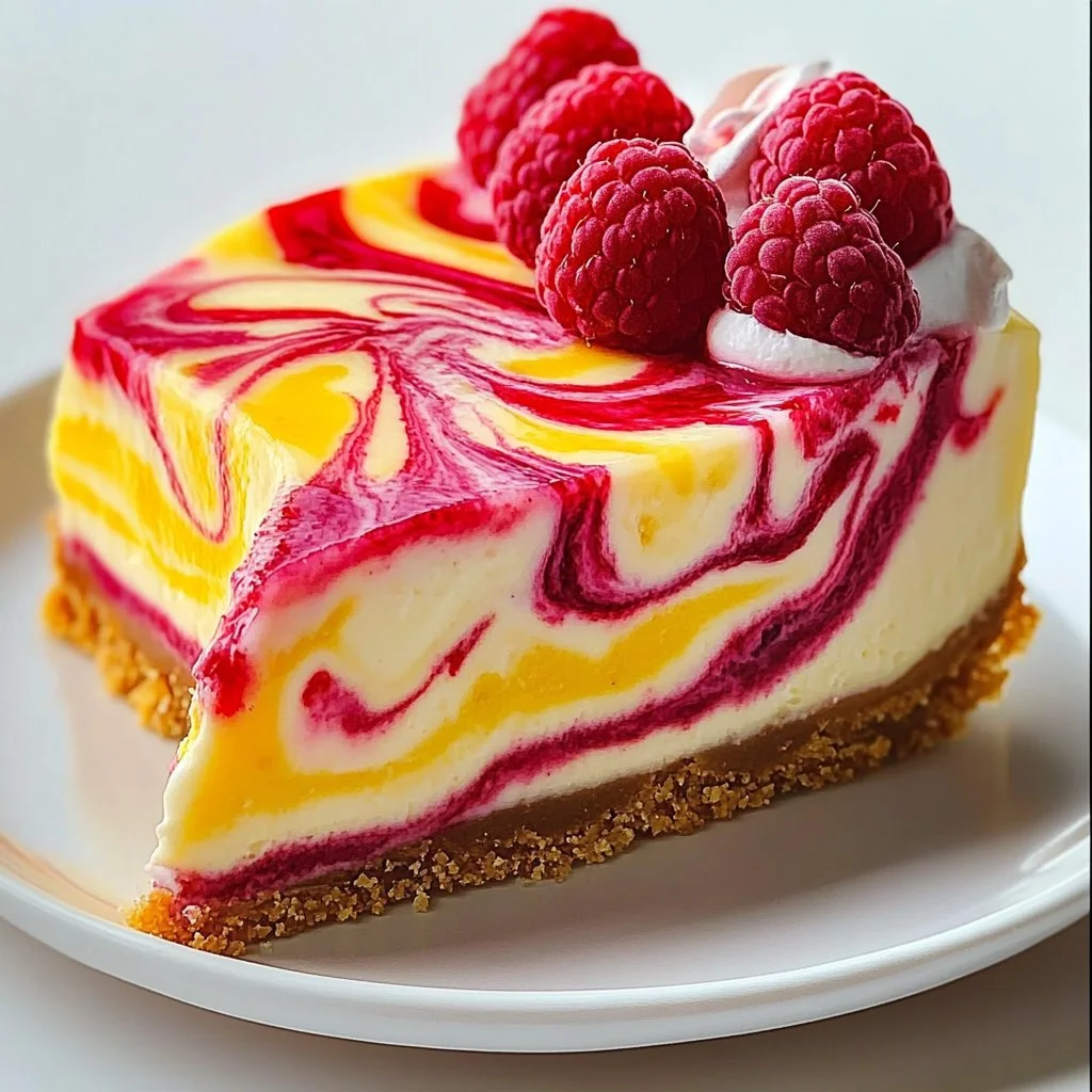 Lemon raspberry cheesecake with creamy texture and fresh raspberry swirl.