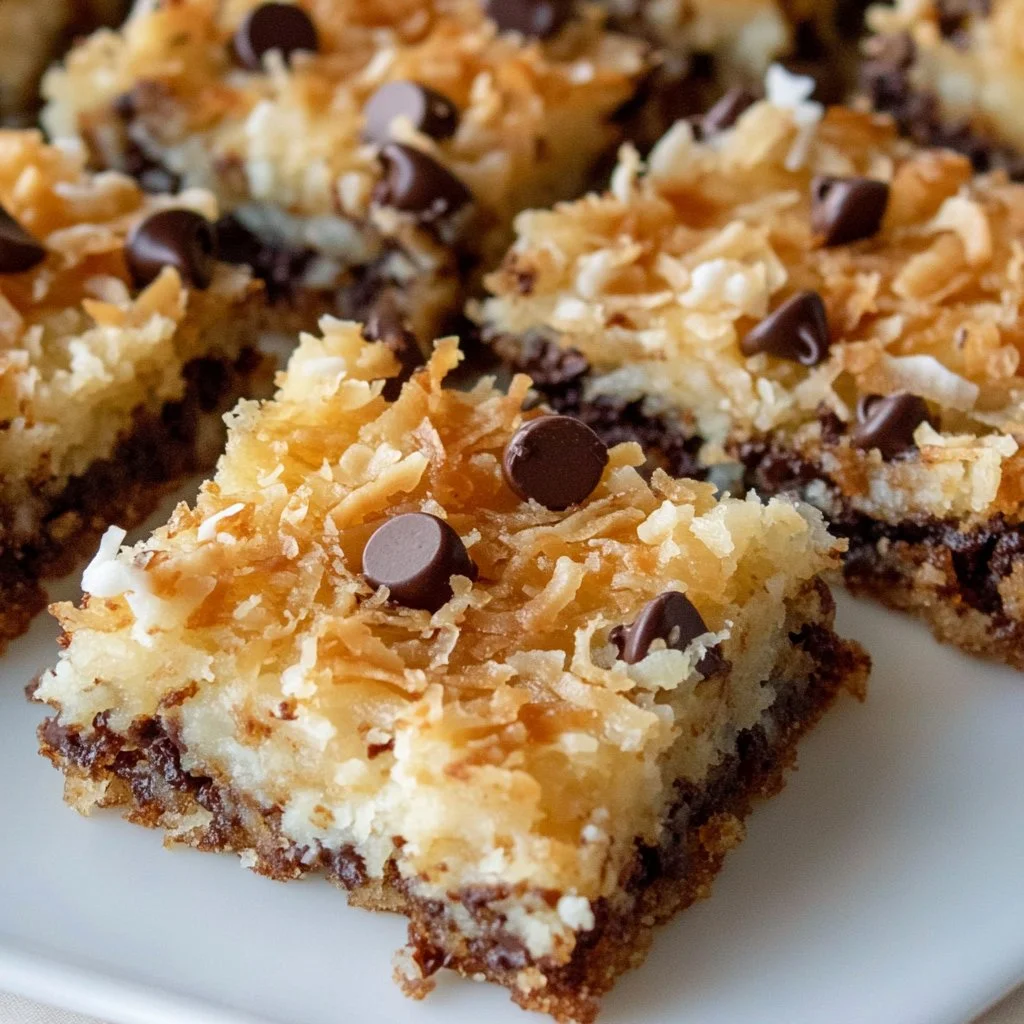 Delicious Magic Cookie Bars layered with chocolate chips and coconut