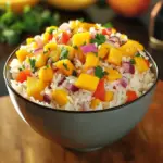 Delicious Mango Rice served in a bowl with fresh mango slices and herbs.