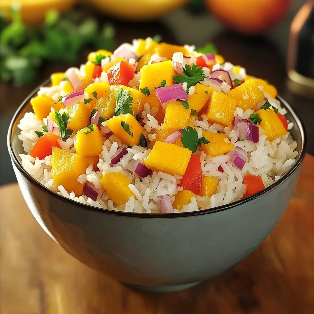 Delicious Mango Rice served in a bowl with fresh mango slices and herbs.