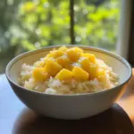 Delicious mango sticky rice topped with fresh mango slices and coconut sauce.