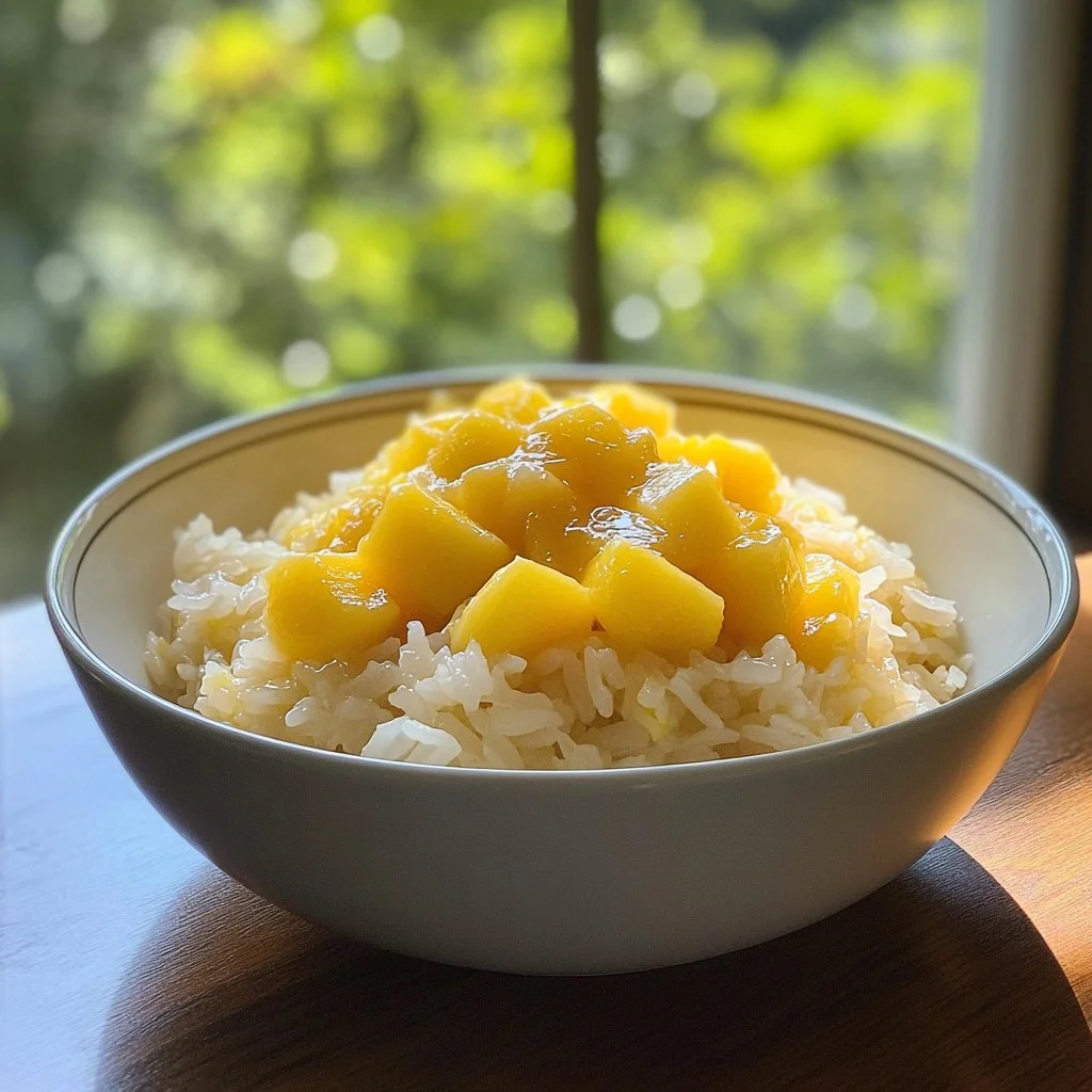 Delicious mango sticky rice topped with fresh mango slices and coconut sauce.