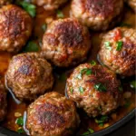 Homemade meatballs arranged on a plate, garnished with herbs.