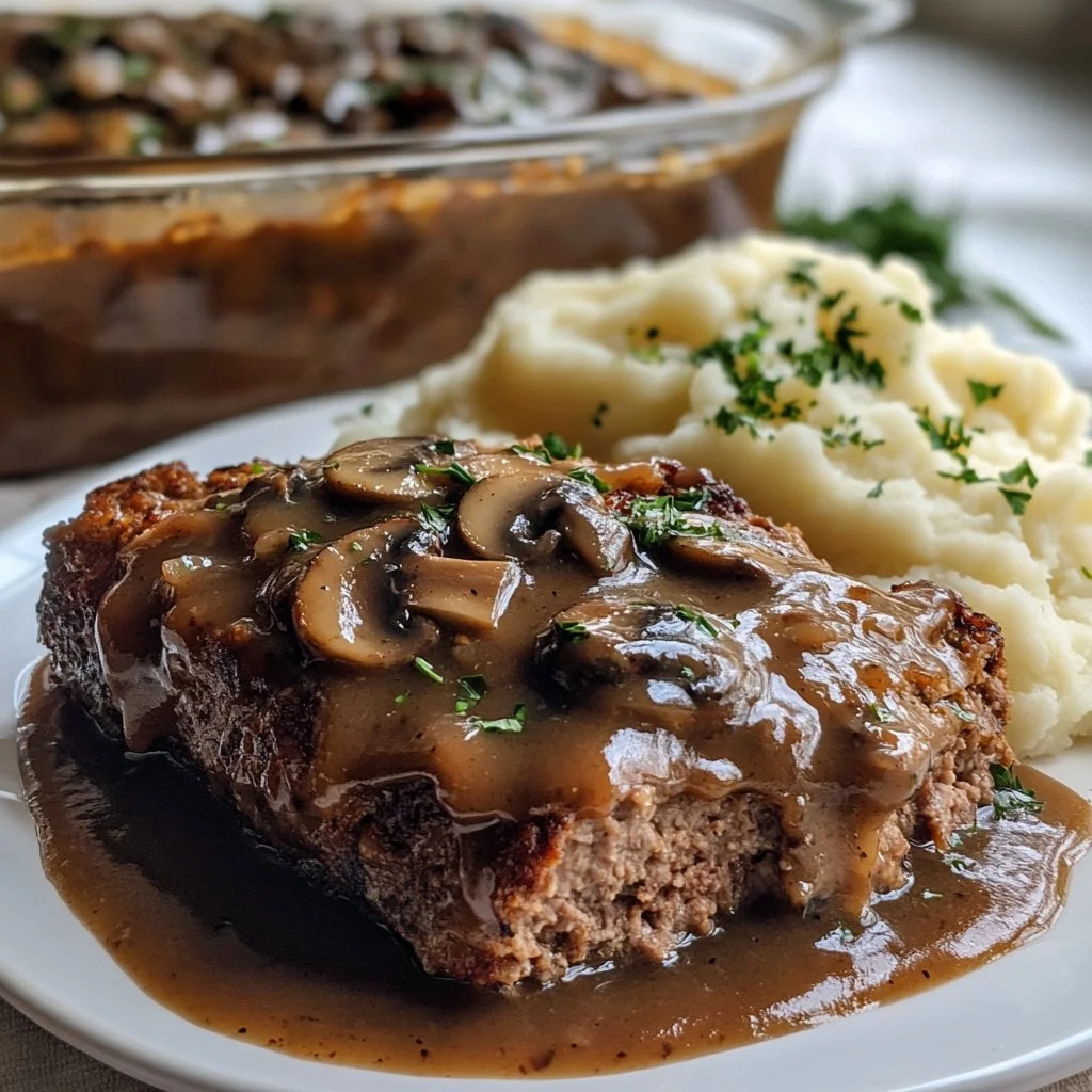 Delicious Meatloaf topped with rich Mushroom Gravy on a plate