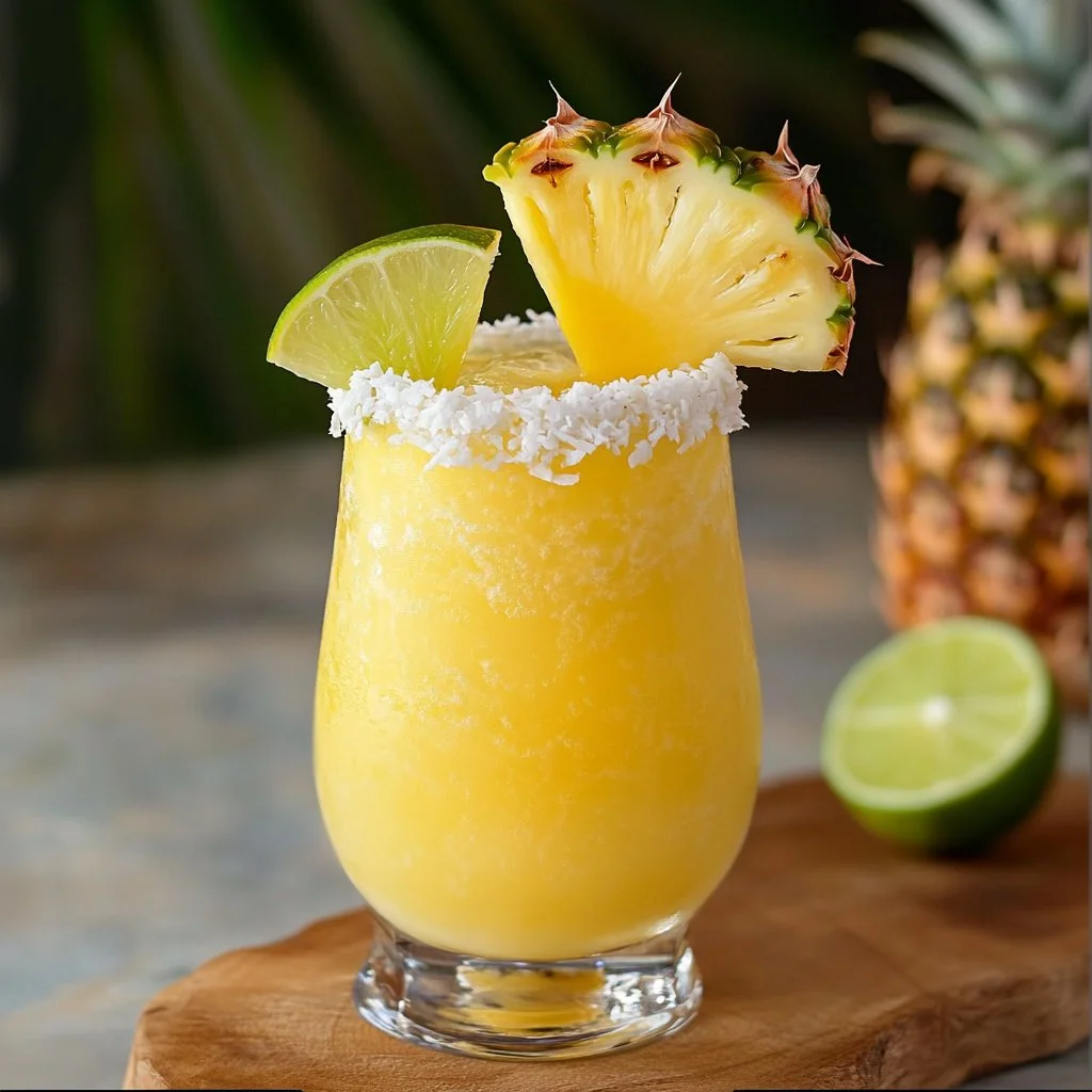 Refreshing non alcoholic Piña Colada Punch served in a glass with tropical fruits