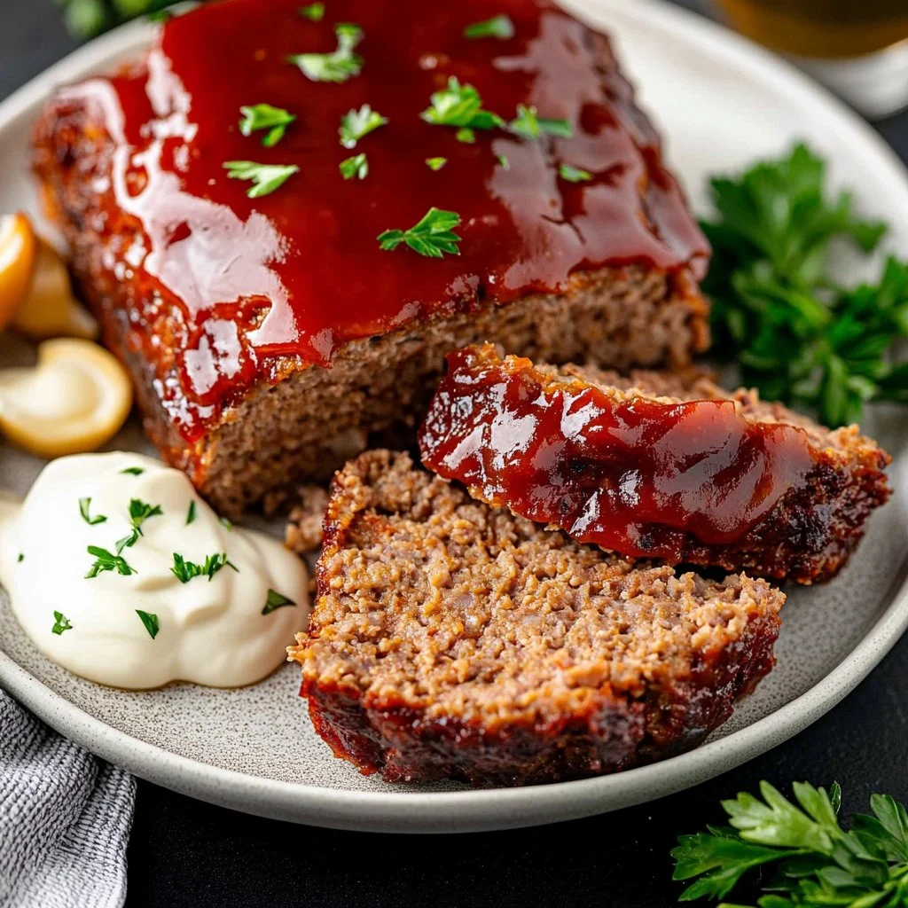 Delicious old-fashioned meatloaf on a rustic plate