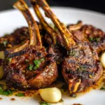 Delicious oven-baked lamb chops garnished and ready to serve on a plate.