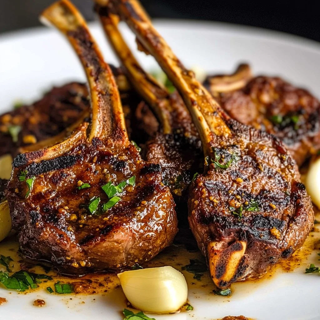 Delicious oven-baked lamb chops garnished and ready to serve on a plate.