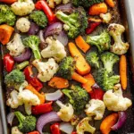 Colorful oven roasted vegetables on a baking sheet ready to serve