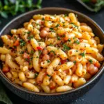 Plate of Pasta and Beans garnished with herbs, showcasing a delicious Italian recipe.