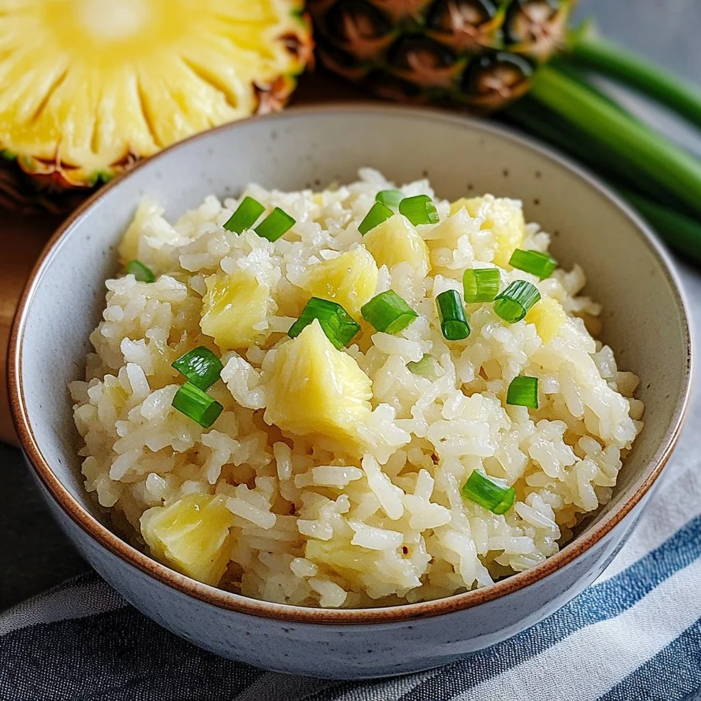A vibrant dish of pineapple rice garnished with vegetables and herbs.
