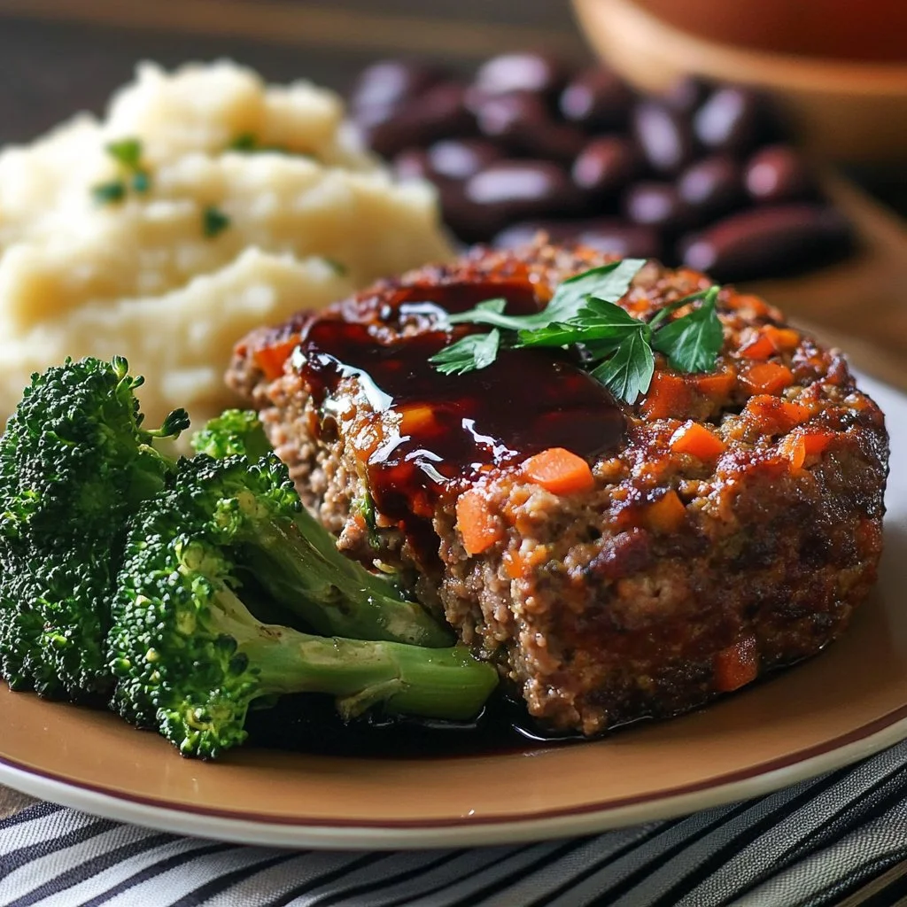 Plant-based vegetable meatloaf topped with balsamic glaze on a rustic wooden table.