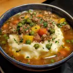 A bowl of hearty Shepherd's Pie Soup topped with fresh herbs.