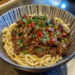 Delicious bowl of simple beef and noodles garnished with herbs