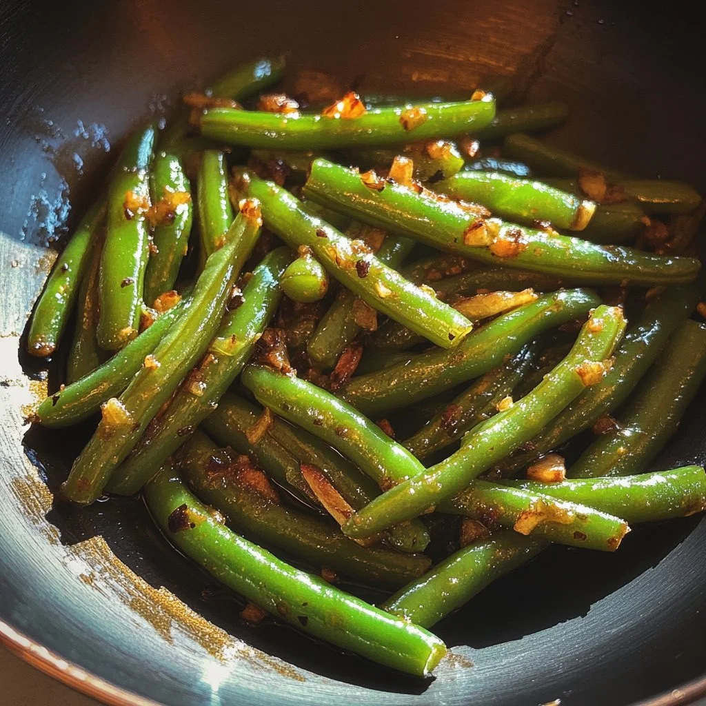 Freshly cooked simple green beans served on a plate.