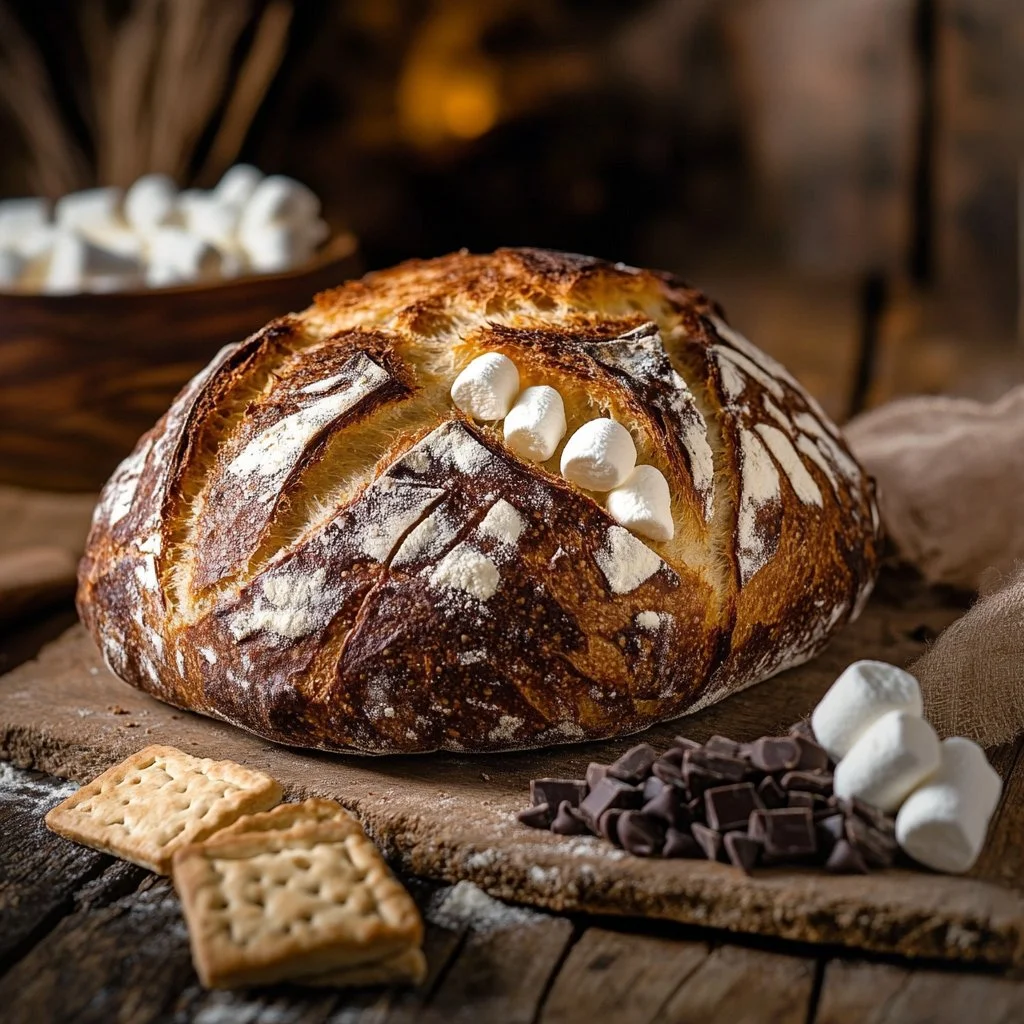 Freshly baked S'more Sourdough Bread showcasing its gooey marshmallow and chocolate layers.