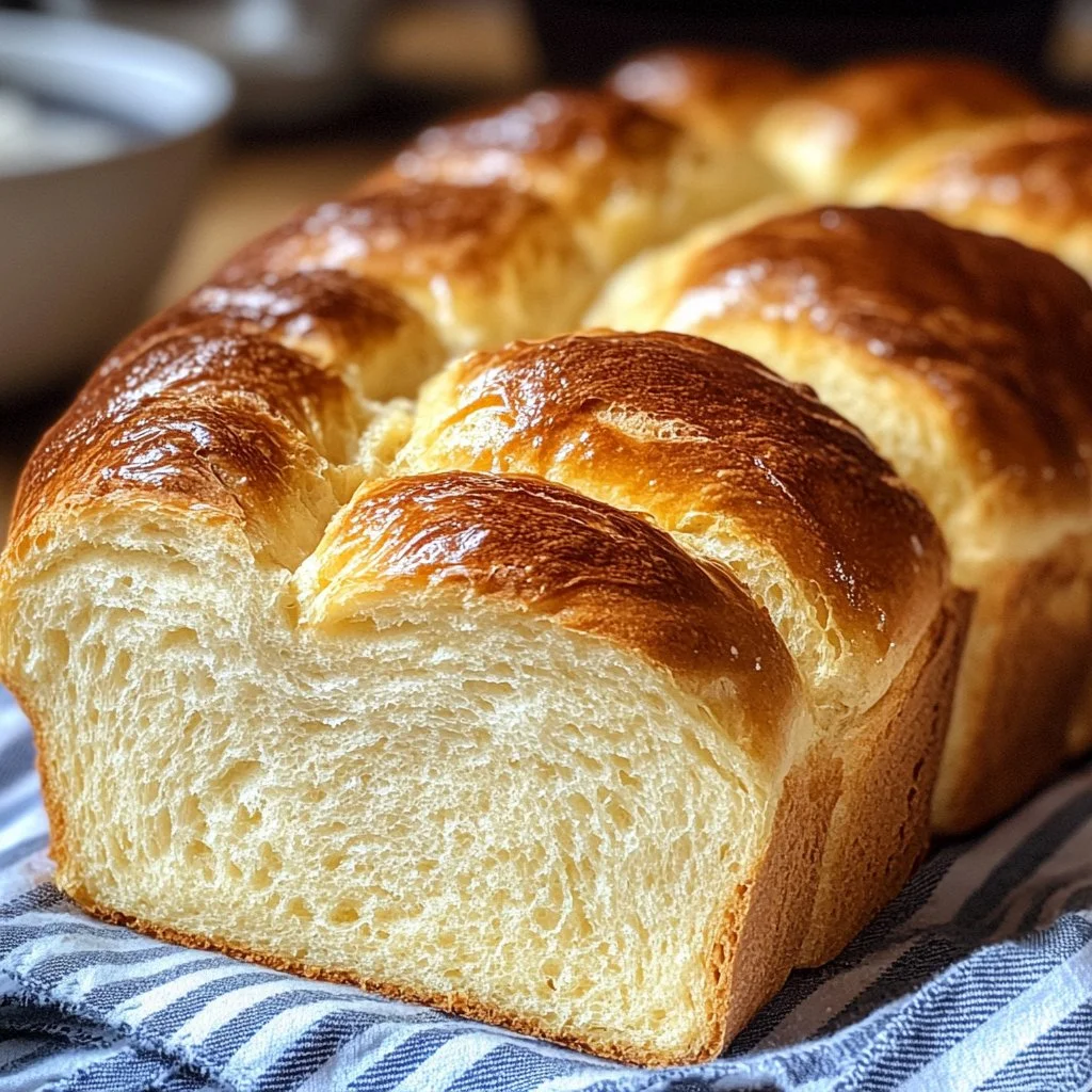 Freshly baked soft brioche bread with a golden crust and fluffy interior.