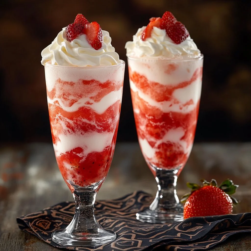 Refreshing strawberry cream soda served in a tall glass with ice and cream