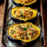 Delicious stuffed baked acorn squash garnished and ready to serve