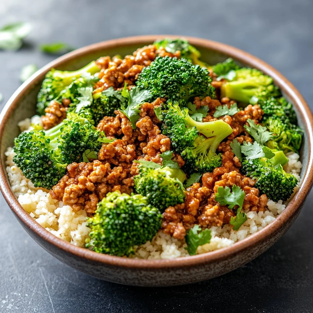Sweet and Spicy Ground Turkey and Broccoli Bowls served in a bowl
