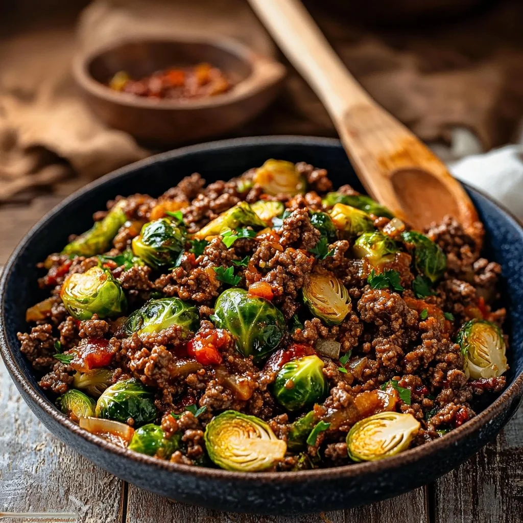 Sweet Chili Ground Beef served with Brussels Sprouts on a plate