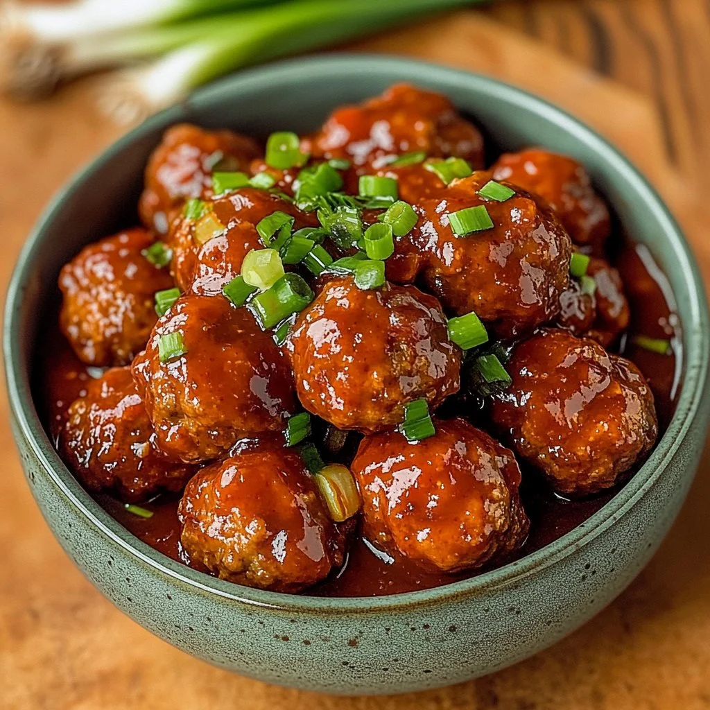 Plate of homemade sweet chili meatballs drizzled with sauce